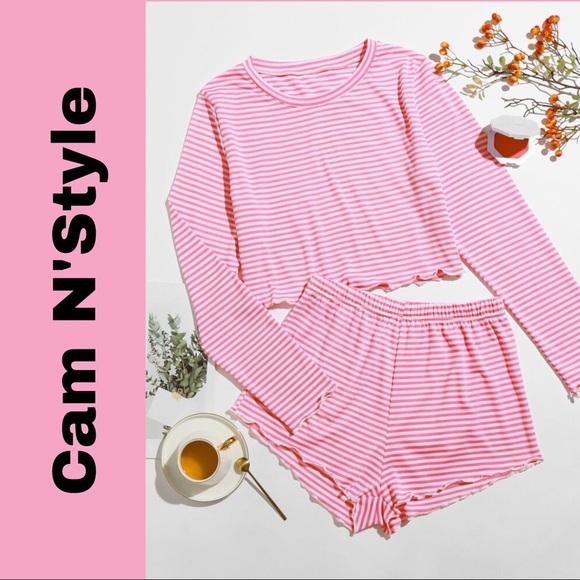 New Pink & White Striped Tee & Shorts Pajama Set - Picture 1 of 5